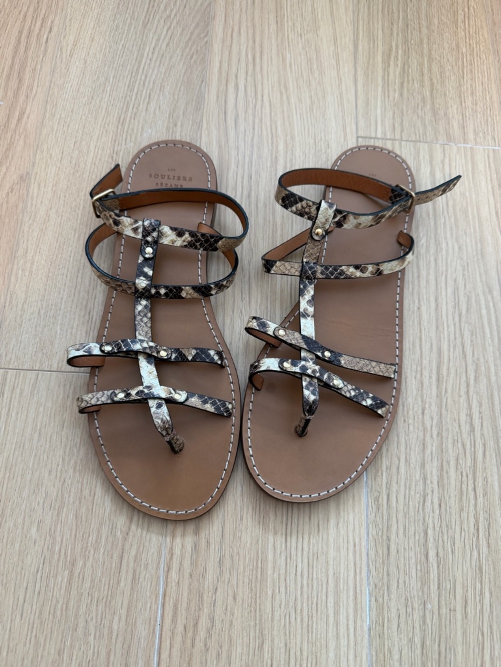 Sezane Snake-Print Strappy Sandals in Tan and Black